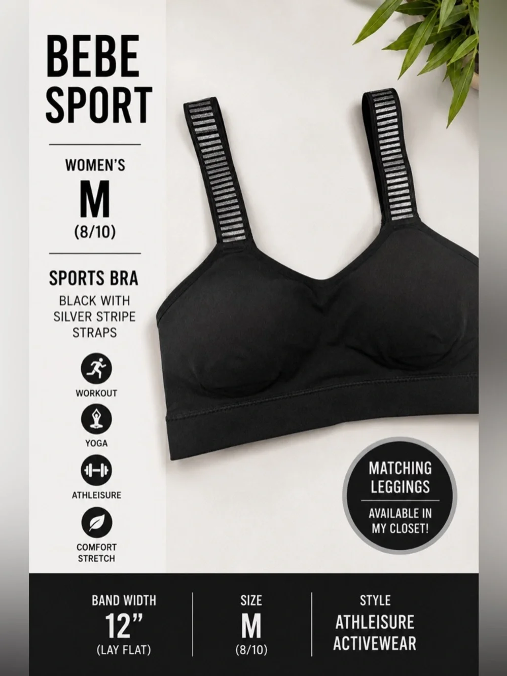 Bebe Sport Black Sports Bra Silver Stripe Straps Medium Athleisure Activewear